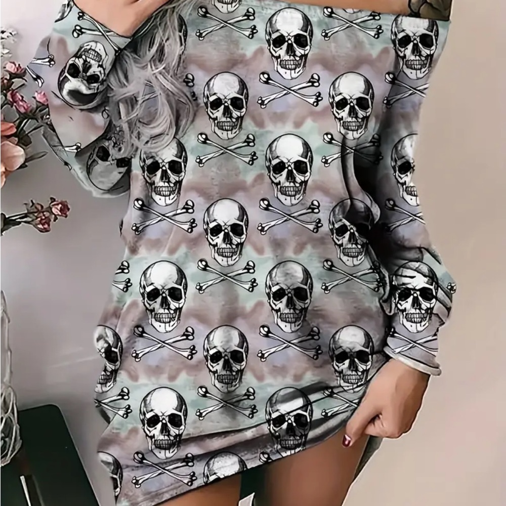 Skull Print Off-shoulder Dress
